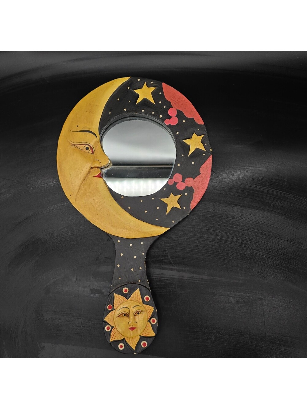 Vintage 90s Celestial Sun Moon Stars Hand Mirror 12" Wood Indonesia Whimsigoth